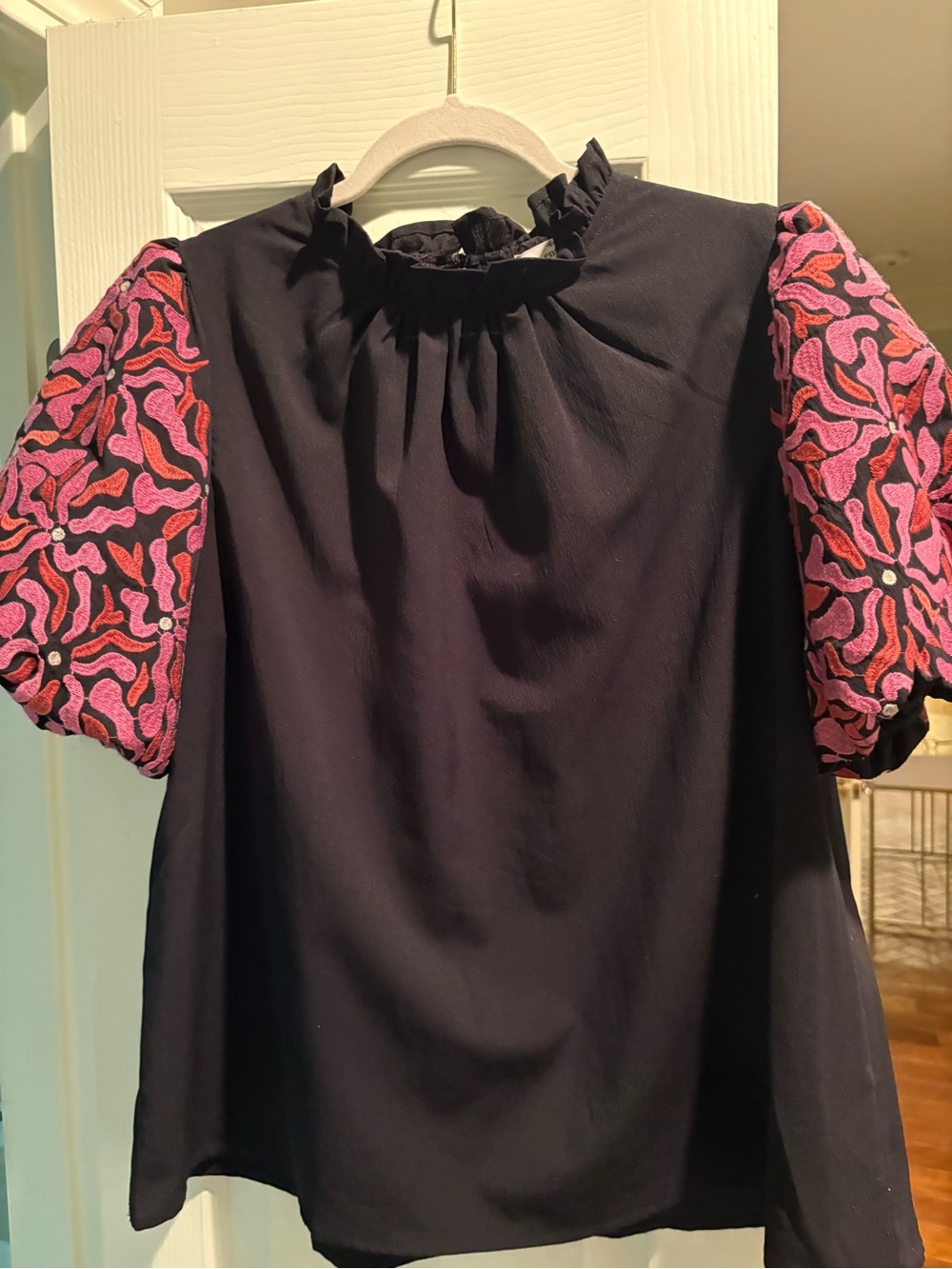 entro Black Blouse with Pink & Red Patterned Puff Sleeves